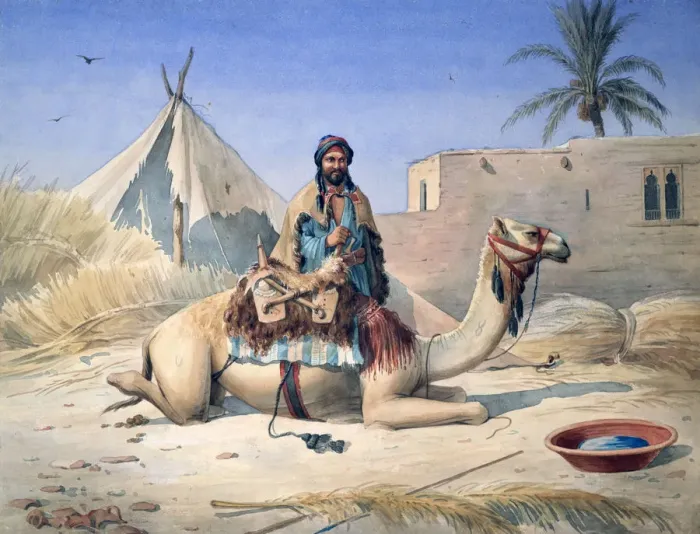 Framed Print : Bedouin and Camel, 1830. Artist: Emile Prisse D Avennes Framed Print : Bedouin and Camel, 1830. Artist: Emile Prisse D Avennes