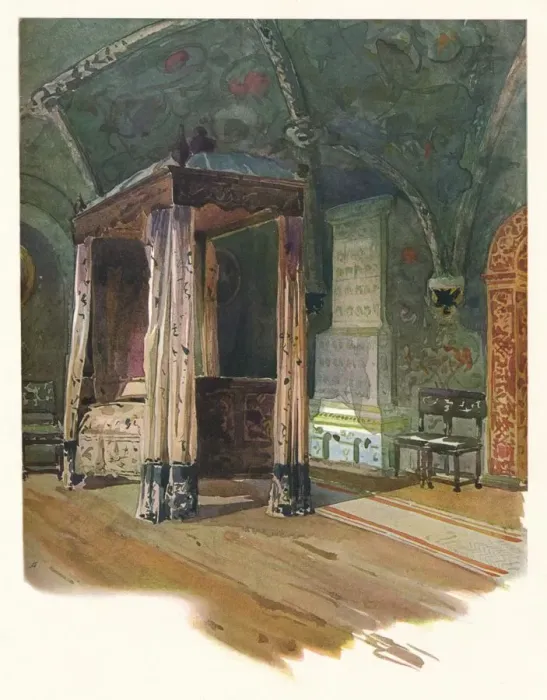 Framed Print : Bedroom of Czar Alexis Michaelovitch, in the Kremlin, Moscow, c1900, (1905). Artist: Georges Kossiakoff Framed Print : Bedroom of Czar Alexis Michaelovitch, in the Kremlin, Moscow, c1900, (1905). Artist: Georges Kossiakoff