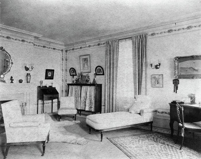 Framed Print : Bedroom with fireplace, padded chaise longue, window, and polar... Greenwich, Connecticut, 1908. Creator: Frances Benjamin Johnston Framed Print : Bedroom with fireplace, padded chaise longue, window, and polar... Greenwich, Connecticut, 1908. Creator: Frances Benjamin Johnston