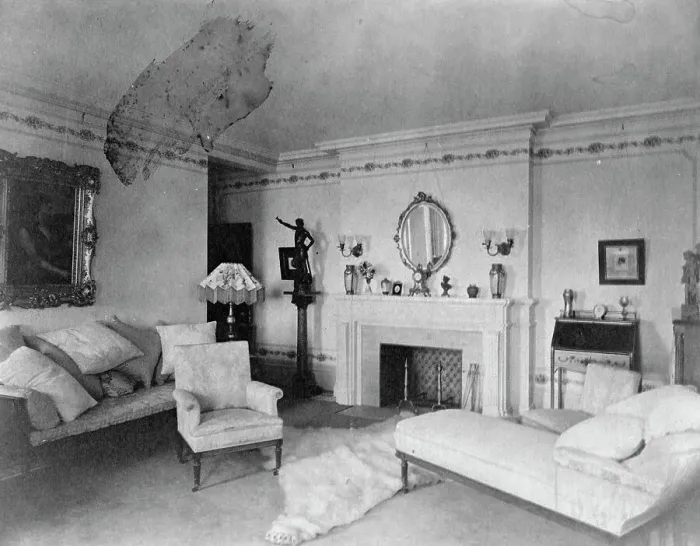 Framed Print : Bedroom with fireplace, padded chaise longue, sofa, male nude... Greenwich, Connecticut, 1908. Creator: Frances Benjamin Johnston Framed Print : Bedroom with fireplace, padded chaise longue, sofa, male nude... Greenwich, Connecticut, 1908. Creator: Frances Benjamin Johnston