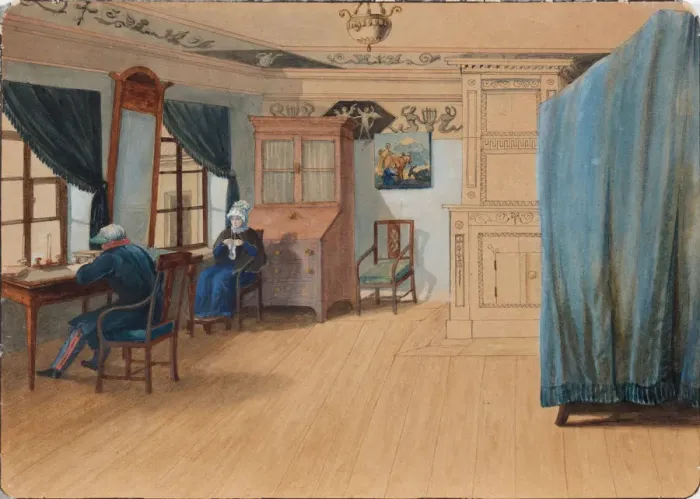 Framed Print : Bedroom Interior. Count Yegor Frantsevich Kankrin (1774-1845) at his desk, 1820s. Artist: Anonymous Framed Print : Bedroom Interior. Count Yegor Frantsevich Kankrin (1774-1845) at his desk, 1820s. Artist: Anonymous