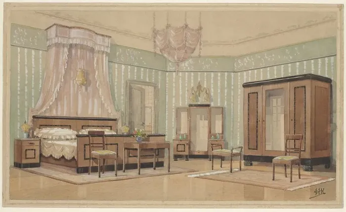 Framed Print : Bedroom with light crown in bed sky, c.1925. Creator: Monogrammist HK