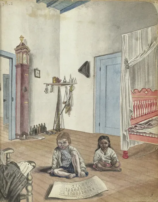 Framed Print : Bedroom with son Jantje and Bietja, an enslaved girl, 1784. Creator: Jan Brandes Framed Print : Bedroom with son Jantje and Bietja, an enslaved girl, 1784. Creator: Jan Brandes