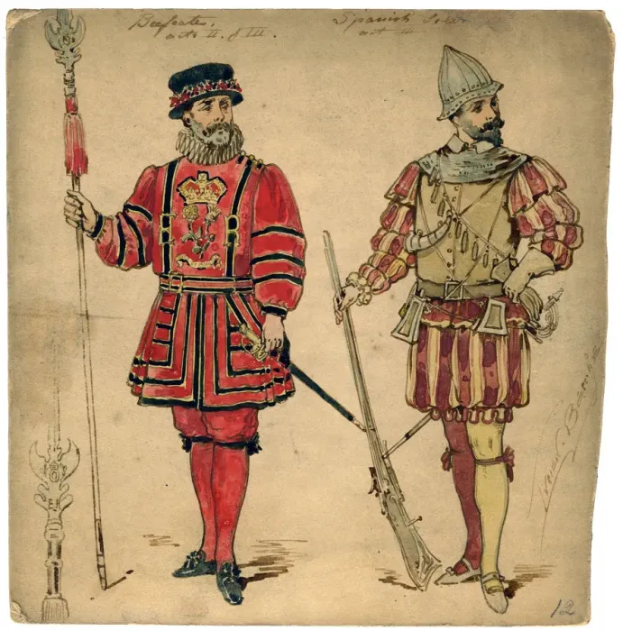 Framed Print : Beefeater and Spanish soldier, 19th century. Artist: Lucien Besche Framed Print : Beefeater and Spanish soldier, 19th century. Artist: Lucien Besche