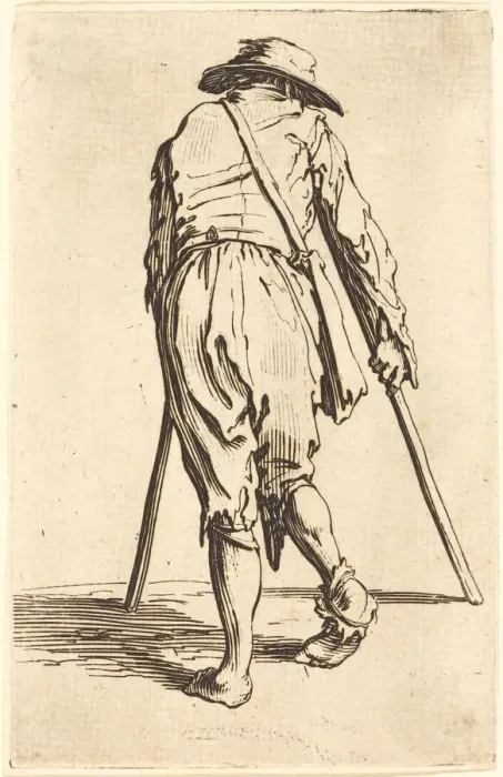Framed Print : Beggar with Crutches and Hat, Back View, c. 1622. Creator: Jacques Callot Framed Print : Beggar with Crutches and Hat, Back View, c. 1622. Creator: Jacques Callot