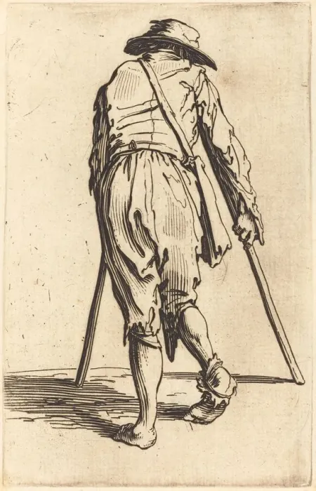 Framed Print : Beggar with Crutches and Hat, Back View, c. 1622. Creator: Jacques Callot Framed Print : Beggar with Crutches and Hat, Back View, c. 1622. Creator: Jacques Callot