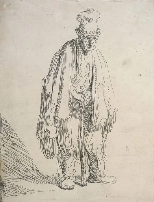 Framed Print : Beggar in a high cap, standing and leaning on a stick, c.1629. Creator: Rembrandt Harmensz van Rijn Framed Print : Beggar in a high cap, standing and leaning on a stick, c.1629. Creator: Rembrandt Harmensz van Rijn