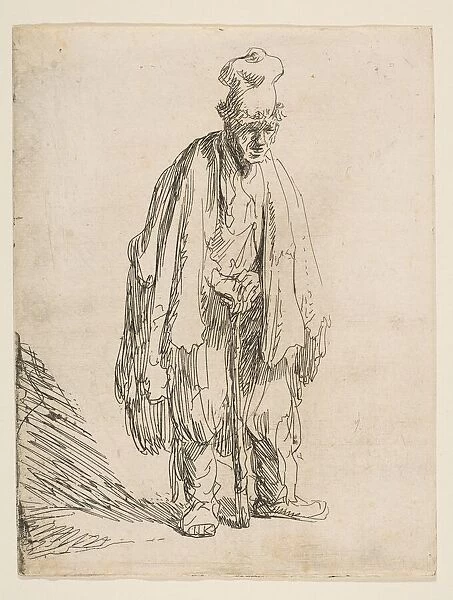 Beggar in a High Cap, Standing and Leaning on a Stick, ca. 1629