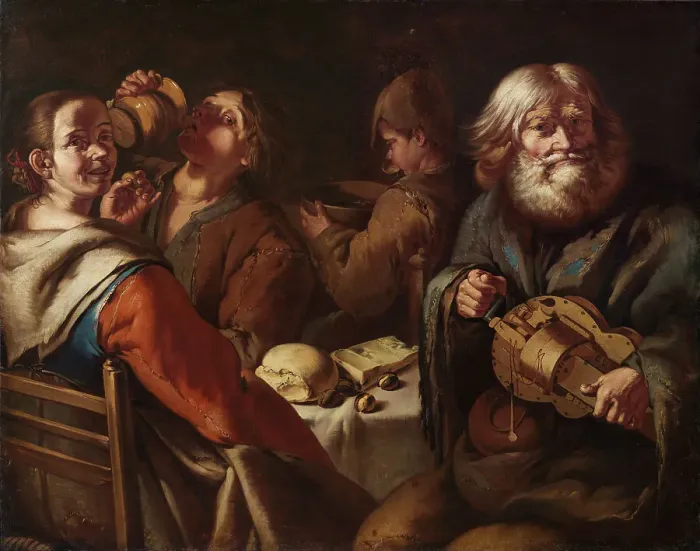 Framed Print : Beggar's breakfast with old Ghironda player, c.1720-1730. Creator: Cipper, Giacomo Francesco (1664-1736) Framed Print : Beggar's breakfast with old Ghironda player, c.1720-1730. Creator: Cipper, Giacomo Francesco (1664-1736)