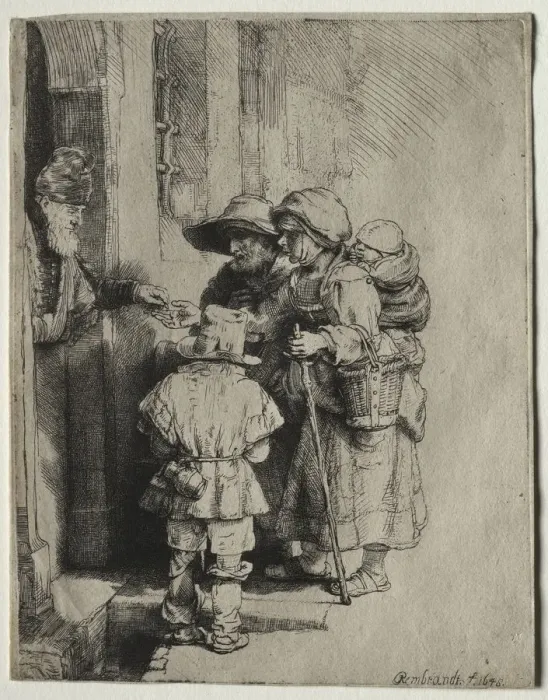 Framed Print : Beggars Receiving Alms at the Door of a House, 1648. Creator: Rembrandt van Rijn (Dutch Framed Print : Beggars Receiving Alms at the Door of a House, 1648. Creator: Rembrandt van Rijn (Dutch