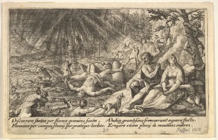 Framed Print : The beginning of the Flood: men and women climb to higher ground at right Framed Print : The beginning of the Flood: men and women climb to higher ground at right