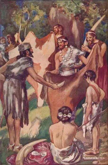 Framed Print : The beginnings of commerce: primitive people bartering ivory tusks and bull hides, 1907 Framed Print : The beginnings of commerce: primitive people bartering ivory tusks and bull hides, 1907