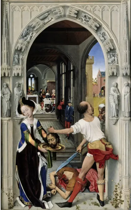Framed Print : The Beheading of Saint John the Baptist (The Altar of St. John, right panel), ca 1455. Artist: Weyden, Rogier, van der (ca. 1399-1464) Framed Print : The Beheading of Saint John the Baptist (The Altar of St. John, right panel), ca 1455. Artist: Weyden, Rogier, van der (ca. 1399-1464)
