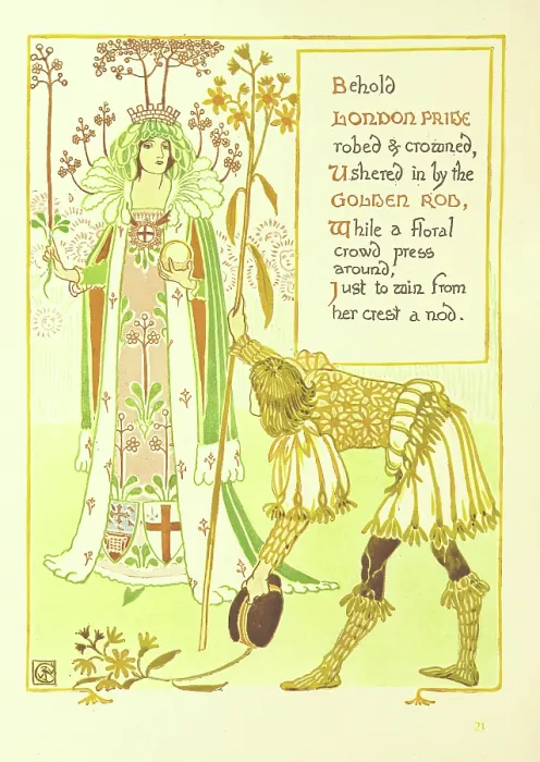 Framed Print : Behold London Pride robed & crowned, Ushered in by the Golden Rod... 1899. Creator: Walter Crane Framed Print : Behold London Pride robed & crowned, Ushered in by the Golden Rod... 1899. Creator: Walter Crane