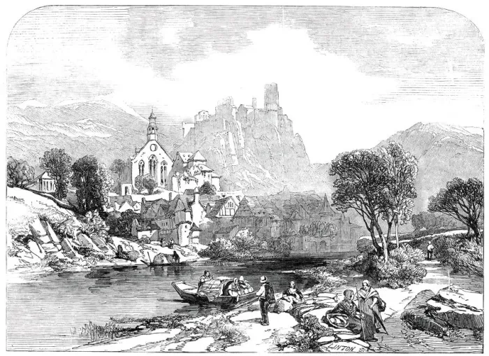 Framed Print : Beilstein on the Moselle - by J. D. Harding - from the new water colour exhibition, 1845 Framed Print : Beilstein on the Moselle - by J. D. Harding - from the new water colour exhibition, 1845