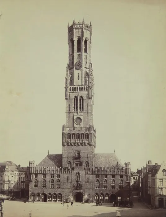 Framed Print : Belfry above the market hall (Cloth Hall) from the northwest from the Markt, Bruges, 1880-1890. Creator: Unknown Framed Print : Belfry above the market hall (Cloth Hall) from the northwest from the Markt, Bruges, 1880-1890. Creator: Unknown