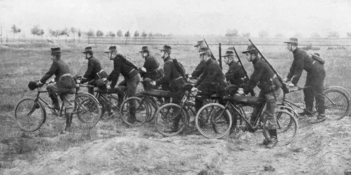 Framed Print : Belgian bicycle troops in Haelen, Belgium, August 1914. Artist: Montigny Framed Print : Belgian bicycle troops in Haelen, Belgium, August 1914. Artist: Montigny