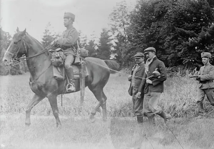 Framed Print : Belgian Franctireurs, prisoners of German Hussars, between 1914 and c1915. Creator: Bain News Service Framed Print : Belgian Franctireurs, prisoners of German Hussars, between 1914 and c1915. Creator: Bain News Service