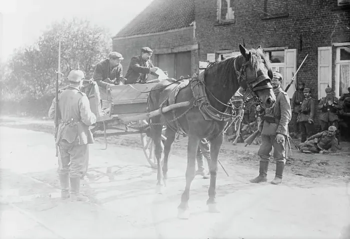Framed Print : Belgian peasants showing pass to sentries, between 1914 and c1915. Creator: Bain News Service Framed Print : Belgian peasants showing pass to sentries, between 1914 and c1915. Creator: Bain News Service