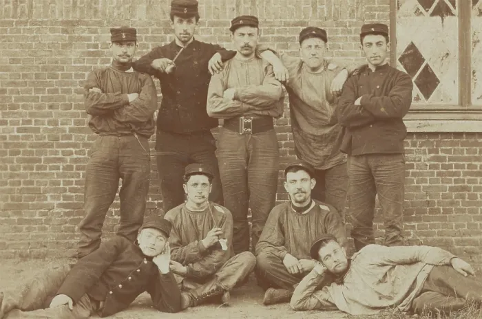 Framed Print : Belgian soldiers posing for a group portrait in a casual manner, 1908. Creator: Unknown Framed Print : Belgian soldiers posing for a group portrait in a casual manner, 1908. Creator: Unknown