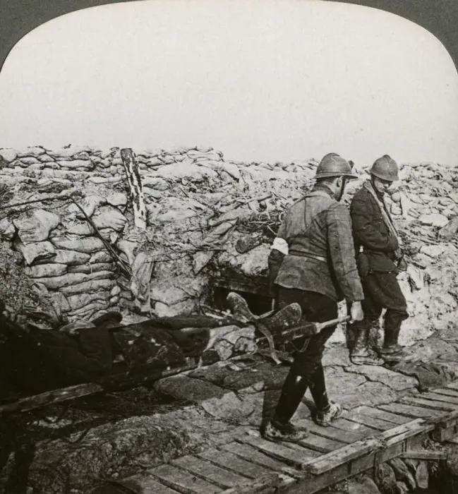 Framed Print : Belgian stretcher bearers carrying wounded in a trench, Dixmude, Belgium, World War I, 1914-1918. Artist: Realistic Travels Publishers Framed Print : Belgian stretcher bearers carrying wounded in a trench, Dixmude, Belgium, World War I, 1914-1918. Artist: Realistic Travels Publishers