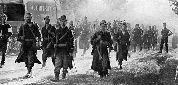Belgian troops nearing the scene of battle, First World War, 1914