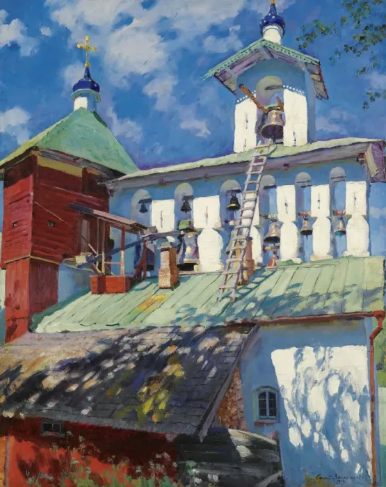Framed Print : Bell tower of the Pskovo-Pechersky Monastery. Artist: Vinogradov, Sergei Arsenyevich (1869-1938)