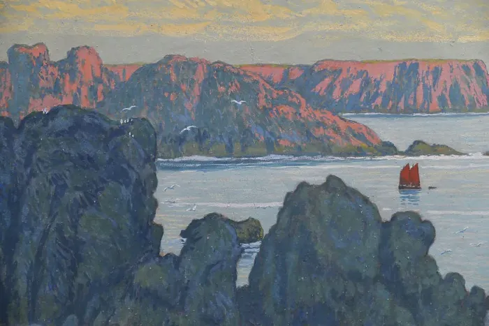 Framed Print : Belle-Île-en-Mer, Voilier rouge à Goulphar, ca 1895-1896. Creator: Auburtin, Jean Francis (1866-1930) Framed Print : Belle-Île-en-Mer, Voilier rouge à Goulphar, ca 1895-1896. Creator: Auburtin, Jean Francis (1866-1930)