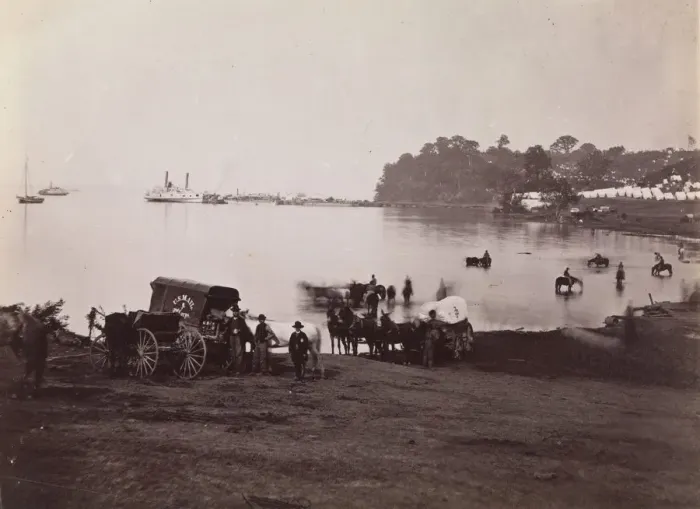 Framed Print : Belle Plain. Distant View of Landing, 1864. Creators: Tim O Sullivan, James Gardner Framed Print : Belle Plain. Distant View of Landing, 1864. Creators: Tim O Sullivan, James Gardner