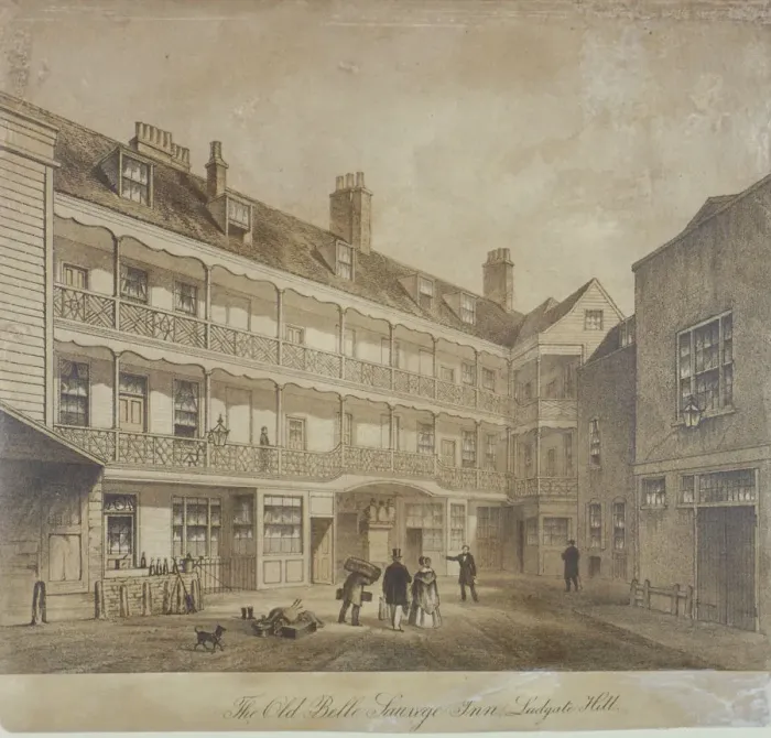 Framed Print : Belle Sauvage Inn, Belle Sauvage Yard, Ludgate Hill, City of London, 1845 Framed Print : Belle Sauvage Inn, Belle Sauvage Yard, Ludgate Hill, City of London, 1845