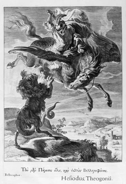 Framed Print : Bellerophon fights the Chimera, 1655. Artist: Michel de Marolles Framed Print : Bellerophon fights the Chimera, 1655. Artist: Michel de Marolles