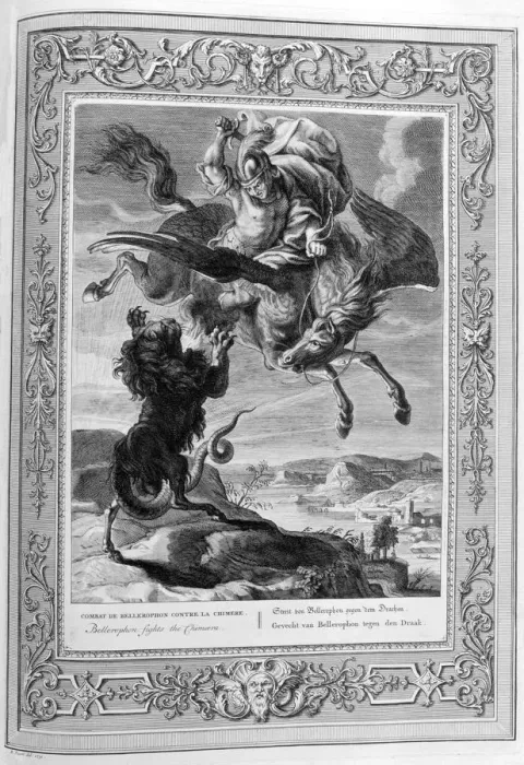 Framed Print : Bellerophon fights the Chimera, 1733. Artist: Bernard Picart Framed Print : Bellerophon fights the Chimera, 1733. Artist: Bernard Picart