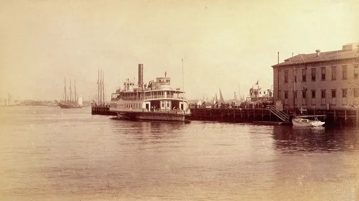 Framed Print : Bellevue Hospital, New York City: a quay on the East River near the hospital, with... 1885-1898. Creator: Unknown Framed Print : Bellevue Hospital, New York City: a quay on the East River near the hospital, with... 1885-1898. Creator: Unknown