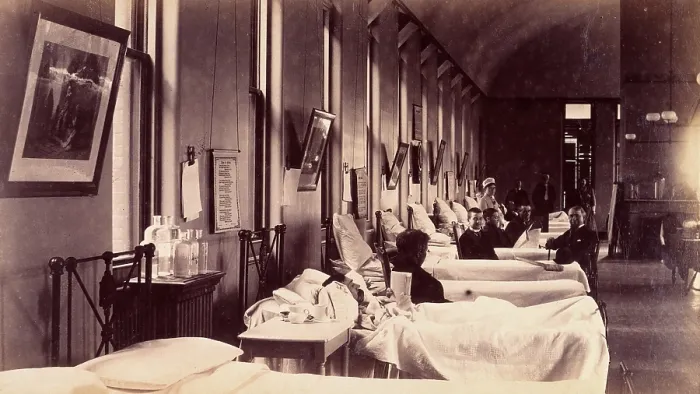 Framed Print : Bellevue Hospital, New York City: a ward for male patients with case-notes... c1885 / 1898. Creator: Unknown Framed Print : Bellevue Hospital, New York City: a ward for male patients with case-notes... c1885 / 1898. Creator: Unknown