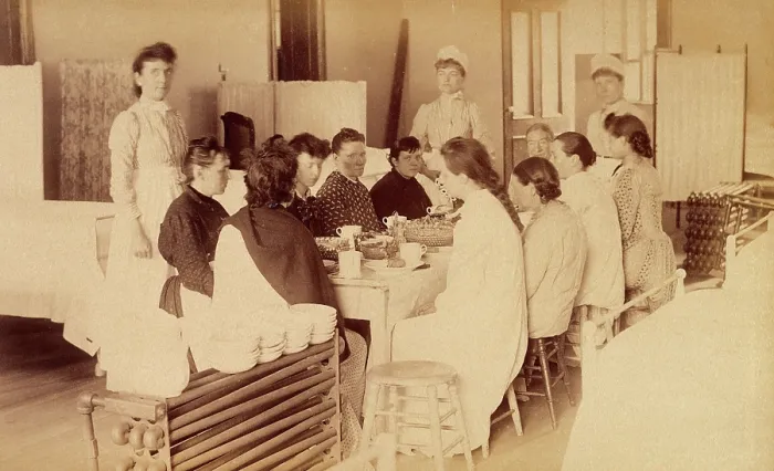Framed Print : Bellevue Hospital, New York City: women patients (mentally ill?) having a meal... 1885-1898. Creator: Unknown