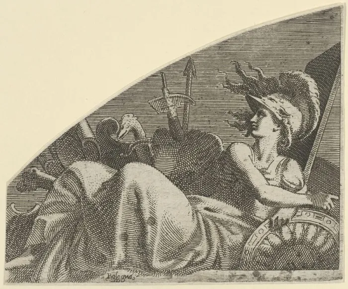 Framed Print : Bellona Seated on her Trophies, ca. 1540-45. Creator: Leon Davent Framed Print : Bellona Seated on her Trophies, ca. 1540-45. Creator: Leon Davent