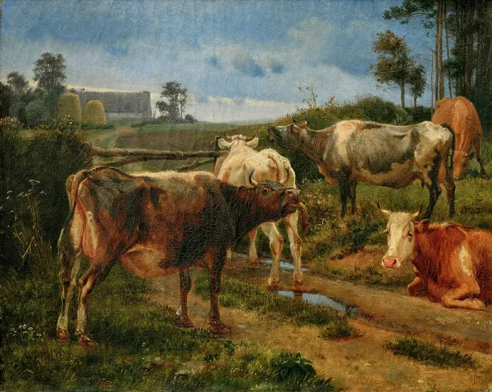 Framed Print : Bellowing cows by the fence gate, 1847. Creator: Johan Thomas Lundbye Framed Print : Bellowing cows by the fence gate, 1847. Creator: Johan Thomas Lundbye