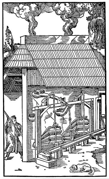 Bellows supplying draught to a smelting furnace, 1556