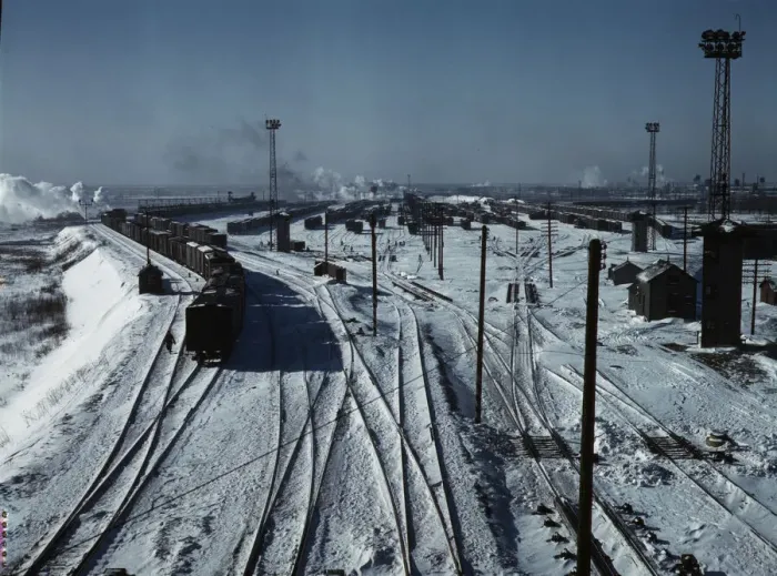Framed Print : Belt Railway, looking toward the west yard of clearing yard, from bridge of hump, Chicago, Ill, 1943 Creator: Jack Delano Framed Print : Belt Railway, looking toward the west yard of clearing yard, from bridge of hump, Chicago, Ill, 1943 Creator: Jack Delano
