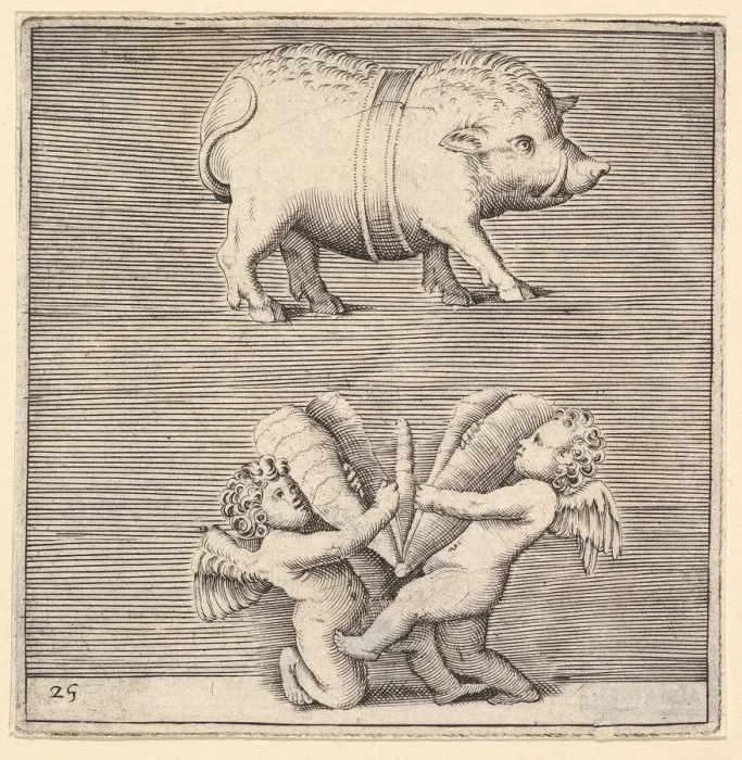 Framed Print : A Belted Pig and Two Cupids (or Geniuses) with a Butterfly (or Moth), published ca Framed Print : A Belted Pig and Two Cupids (or Geniuses) with a Butterfly (or Moth), published ca