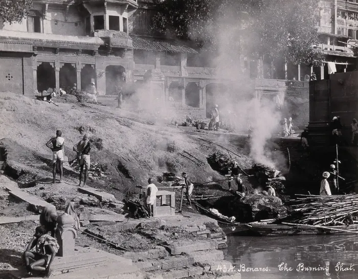 Framed Print : Benares (Varanasi), Uttar Pradesh: corpses being burned and consigned to the river... [1800-1899?]. Creator: Unknown