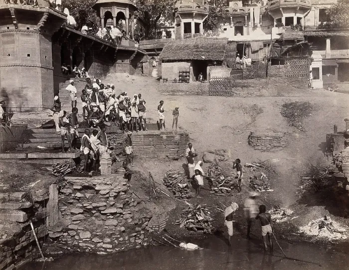 Framed Print : Benares (Varanasi), Uttar Pradesh: corpses being burned and consigned to the river Ganges, 19th cent Creator: Unknown Framed Print : Benares (Varanasi), Uttar Pradesh: corpses being burned and consigned to the river Ganges, 19th cent Creator: Unknown
