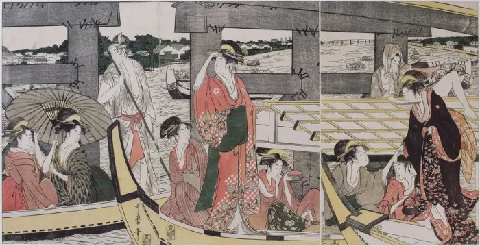 Framed Print : On top and beneath Ryogoku Bridge, c. 1796. Artist: Utamaro, Kitagawa (1753-1806) Framed Print : On top and beneath Ryogoku Bridge, c. 1796. Artist: Utamaro, Kitagawa (1753-1806)
