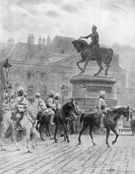 Bengal Mounted Lancers passing the statue of Joan of Arc, France, 1914, (1926). Artist: J Simont