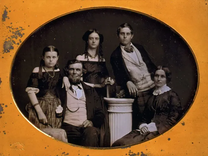 Framed Print : Benjamin family group portrait, posed around a column, between 1845 and 1858. Creator: Edward Tompkins Whitney Framed Print : Benjamin family group portrait, posed around a column, between 1845 and 1858. Creator: Edward Tompkins Whitney