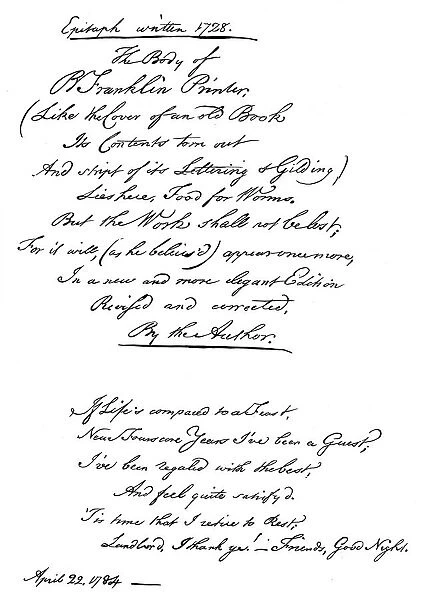 Benjamin Franklins epitaph, written by himself, 1728, (1840). Artist: Benjamin Franklin