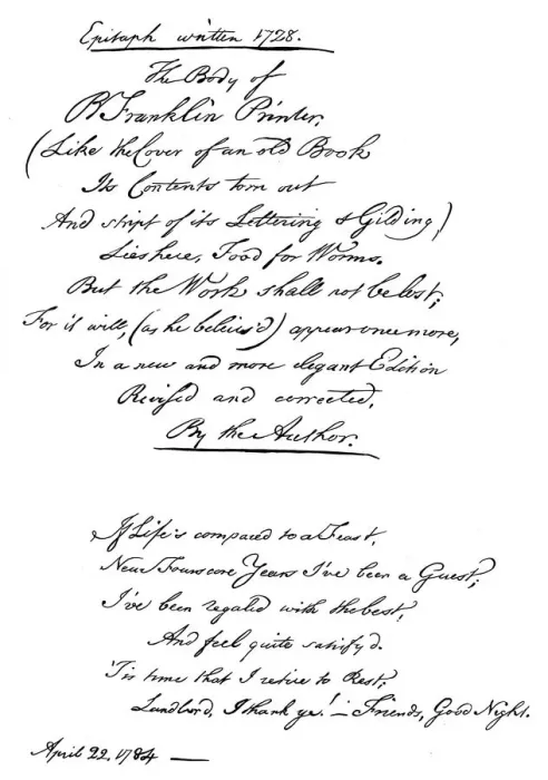 Framed Print : Benjamin Franklins epitaph, written by himself, 1728, (1840). Artist: Benjamin Franklin Framed Print : Benjamin Franklins epitaph, written by himself, 1728, (1840). Artist: Benjamin Franklin