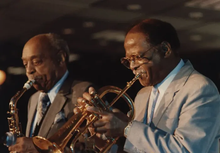 Framed Print : Benny Carter and Clark Terry, The Jazz Inn Party All Star Big Band Nordwijk, Netherlands, 1989. Creator: Brian Foskett Framed Print : Benny Carter and Clark Terry, The Jazz Inn Party All Star Big Band Nordwijk, Netherlands, 1989. Creator: Brian Foskett