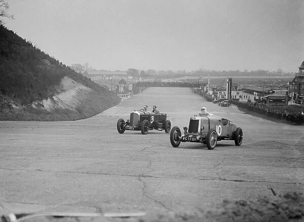 Bentley of Major H Butler and Lea-Francis Hyper racing at a BARC meeting, Brooklands, 1930