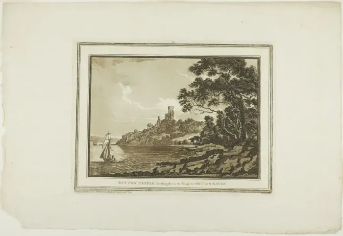 Framed Print : Benton Castle Looking down the Reach to Milford Haven, from Twelve Views in Aquatinta Framed Print : Benton Castle Looking down the Reach to Milford Haven, from Twelve Views in Aquatinta